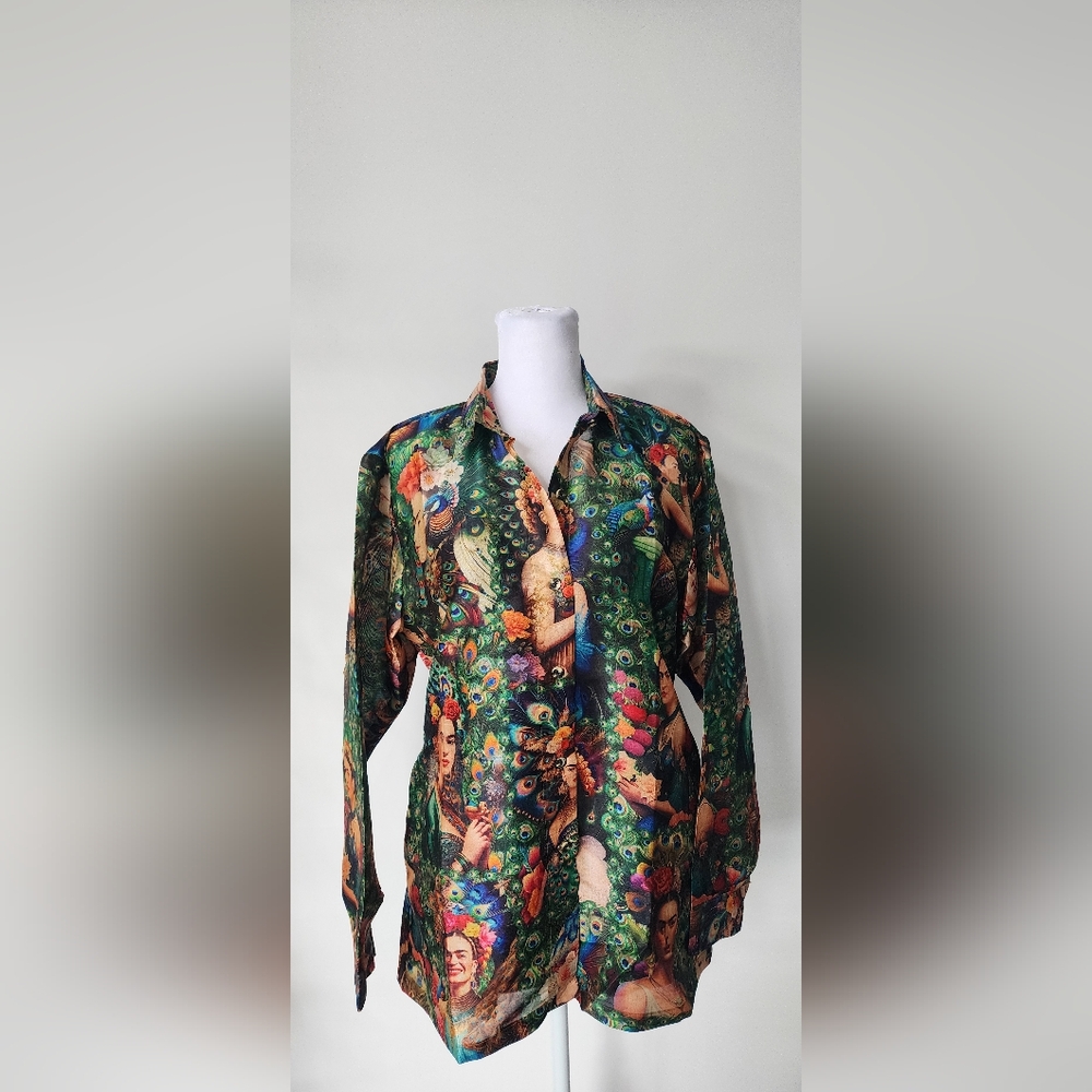 Silk statement button-down shirt that blends artistic flair with vibrant maximal